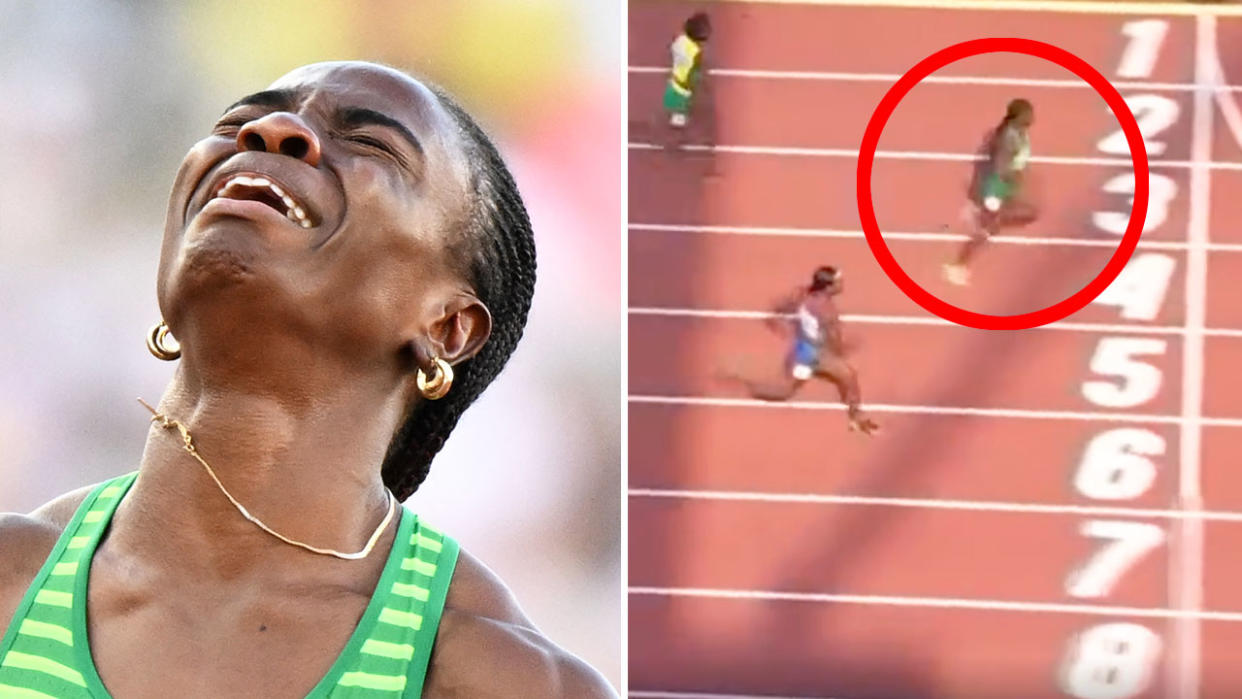 Pictured right, Tobi Amusan smashes the world record in the semi-finals of the women's 100m hurdles at the World Athletics Championships.