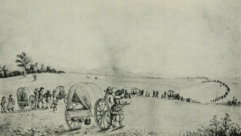 Illustration in “History of Iowa From the Earliest Times to the Beginning of the Twentieth Century,” of Latter-day Saint handcart pioneers en route to Salt Lake.