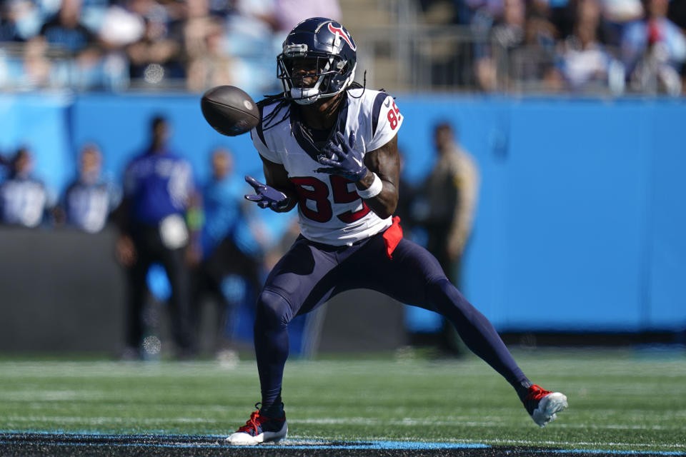 Houston Texans wide receiver Noah Brown (85) makes the catch against the Carolina Panthers during the second half of an NFL football game, Sunday, Oct. 29, 2023, in Charlotte, N.C. (AP Photo/Erik Verduzco)