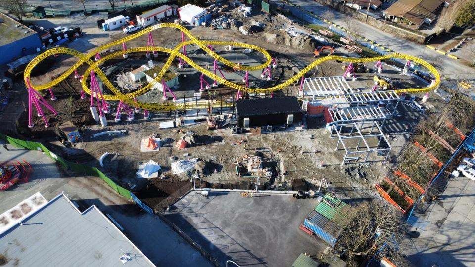 The ThunderVolt roller coaster, seen here under construction on Feb. 16, 2024, will use an electromagnetic push to propel the ride carts forward.