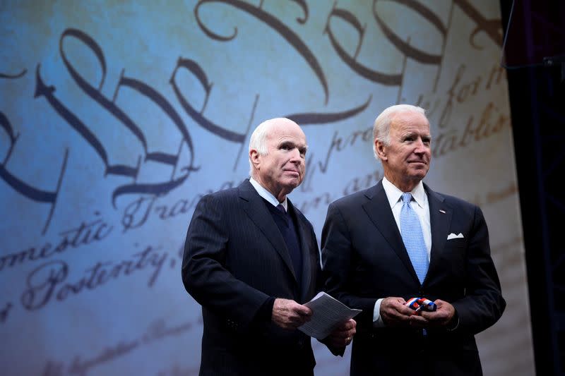 FILE PHOTO: U.S. Senator McCain is awarded the 2017 Liberty Medal by former U.S. Vice President Biden at the Independence Hall in Philadelphia