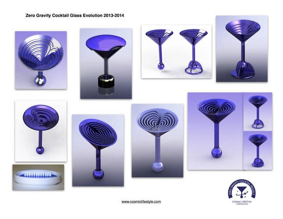 These images show the evolution of the zero gravity cocktail glass design, by Cosmic Lifestyle Corporation.