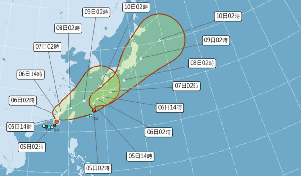 輕颱盧碧今晨中心位置在東沙島的北方約230公里海面上，以每小時8轉5公里緩慢速度向北北東轉北北西進行，估從廣東汕頭登陸，強度會大為減弱、發布陸警機率降低，但外圍環流仍會為西南部帶來致災性降雨！（圖片來源：氣象局，下同）