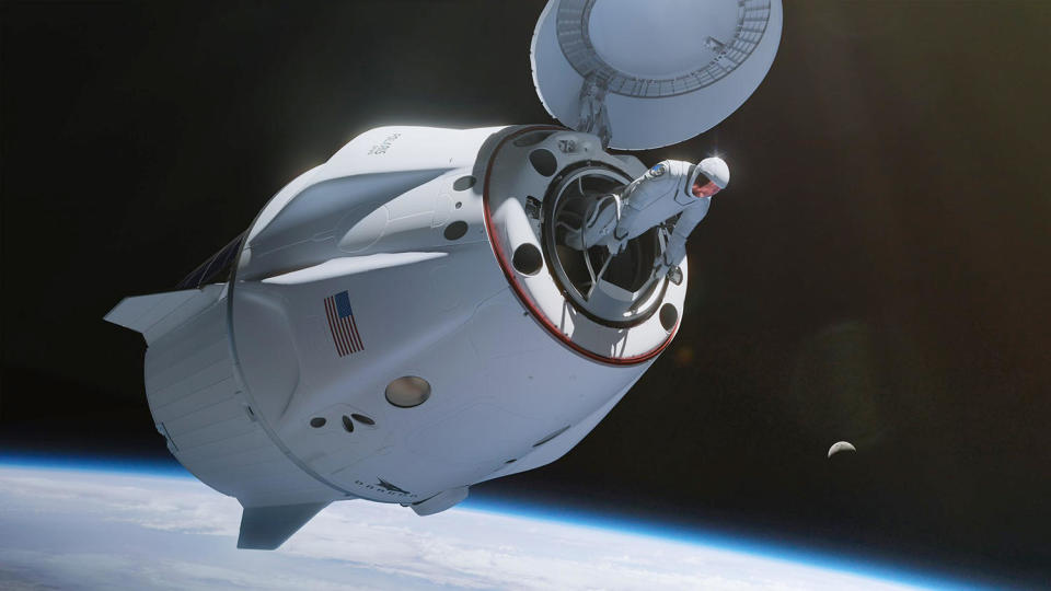 An artist's impression of a Polaris Dawn astronaut flowing just outside the Crew Dragon capsule in the first commercial spacewalk. / Credit: SpaceX