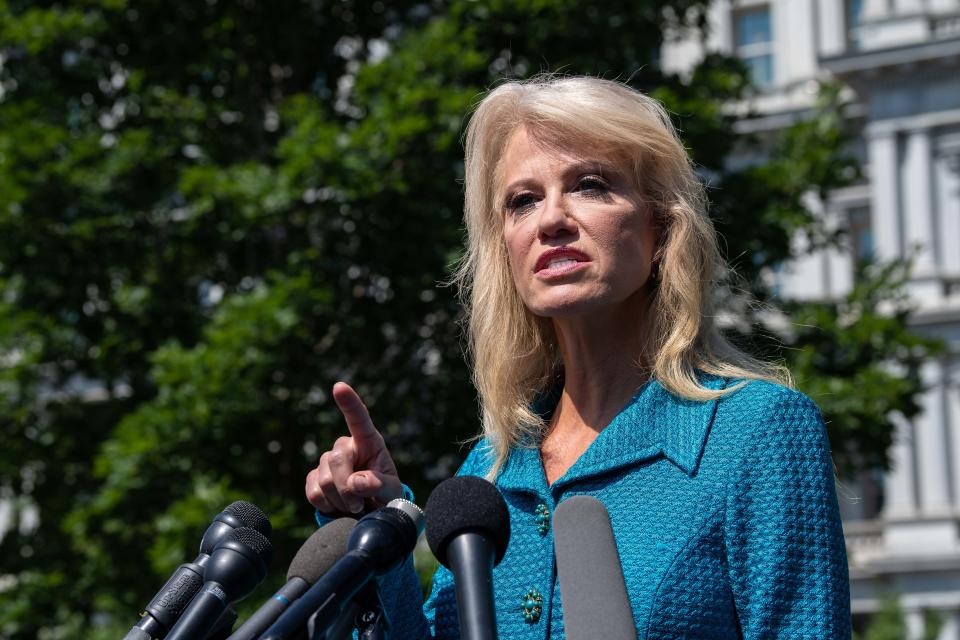 White House counselor Kellyanne Conway speaks to reporters at the White House in Washington, D.C., on Tuesday. (Photo by Nicholas Kamm/AFP/Getty Images)