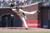 San Francisco Giants starting pitcher Sammy Long delivers against the Philadelphia Phillies during the sixth inning of a baseball game Sunday, June 20, 2021, in San Francisco. (AP Photo/Tony Avelar)