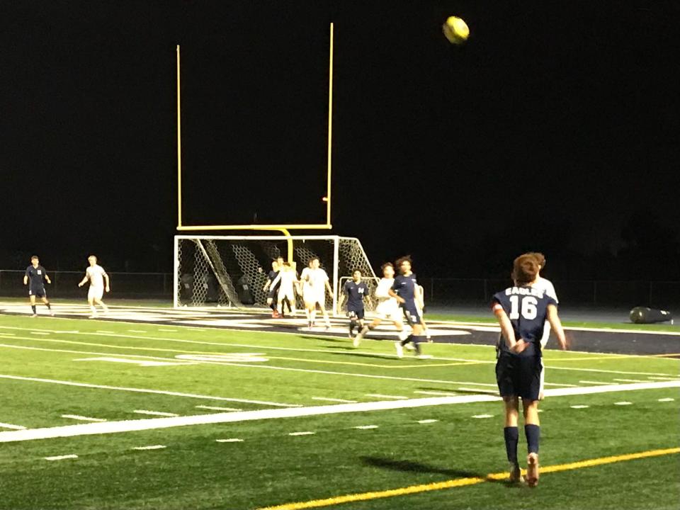 ALA Gilbert North forward Justin Provenzano (16) sends a long throw-in into the box during a 7-2 victory over Valley Christian on Feb. 1, 2022, at ALA Gilbert North.