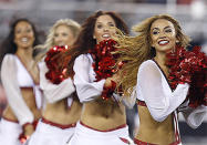 Arizona Cardinals cheerleaders perform at halftime of an NFL preseason football game against the Houston Texans.