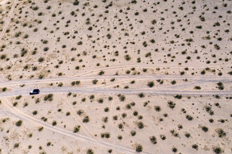 Tracks in the desert along the historic Mojave Road near the entrance to the Mojave National Preserve.