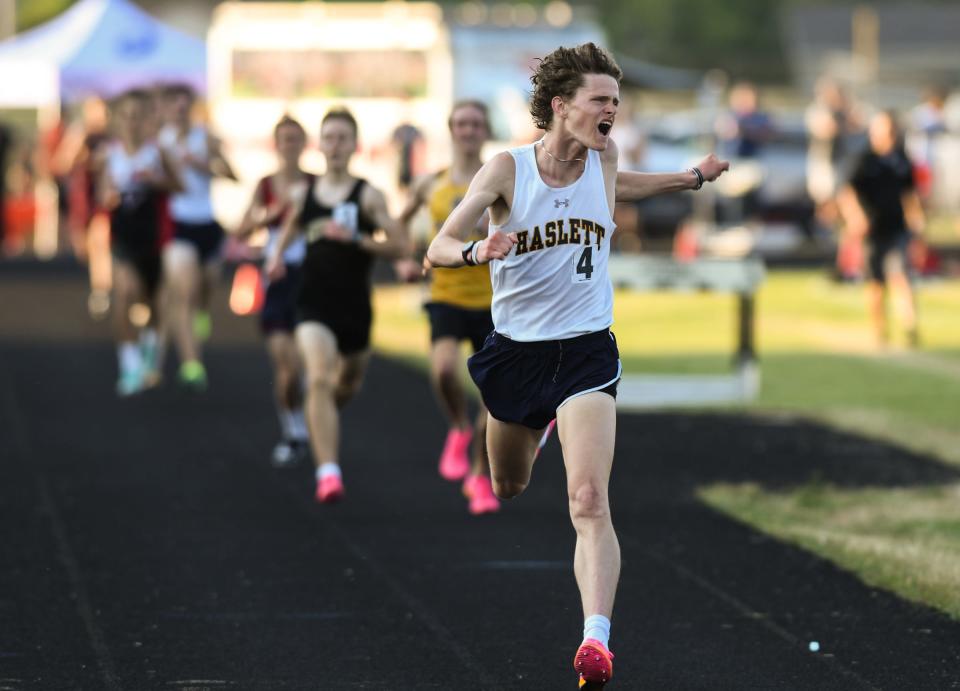 Haslett junior Nate Carmody wins the  1600 meter run in 4:24.40, Tuesday, May 30, 2023, at the Greater Lansing Honor Roll Meet at Waverly.