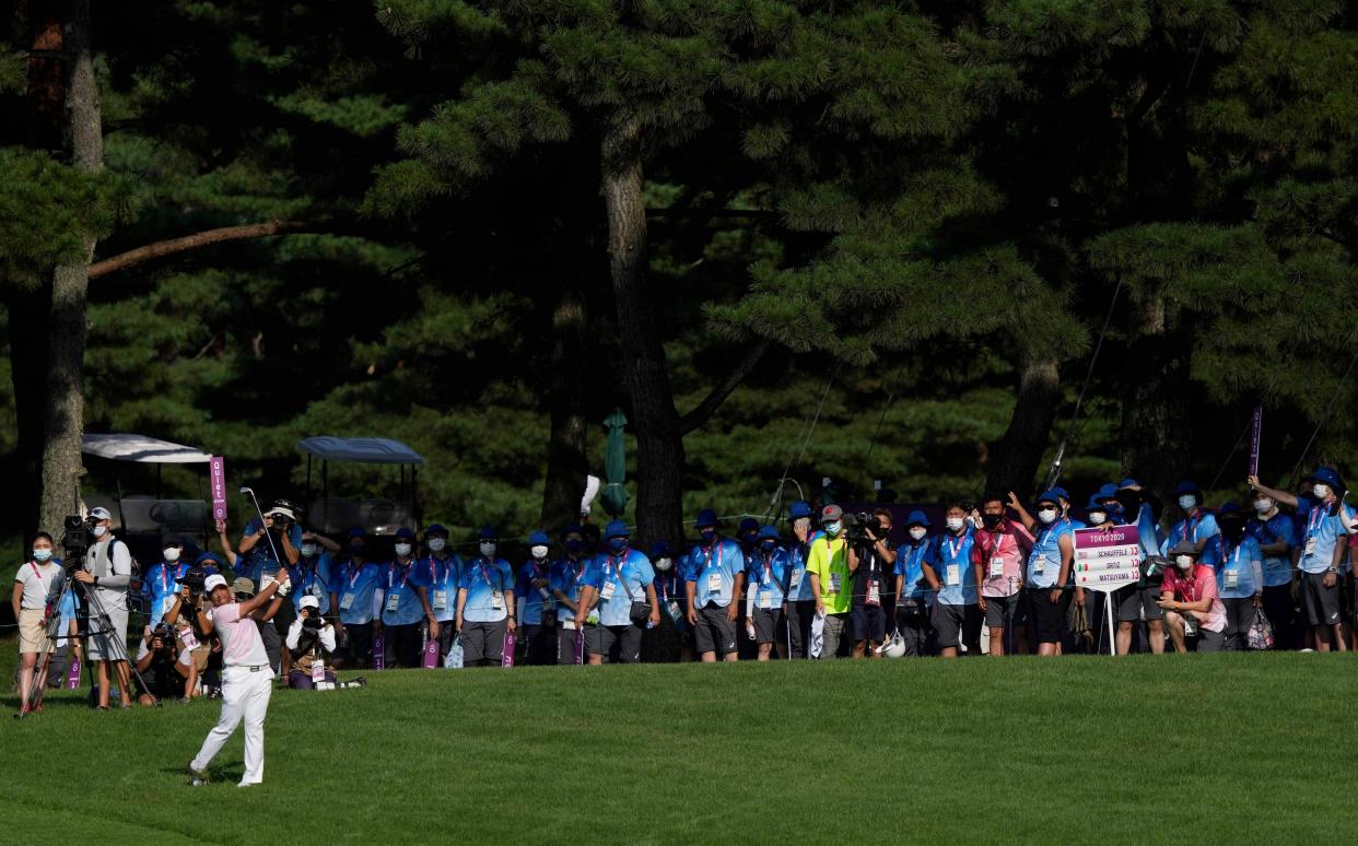 Hideki Matsuyama of Japan plays a shot from the 18th fairway during the third round of the men's golf event at the 2020 Summer Olympics on Saturday, July 31, 2021, in Kawagoe, Japan.