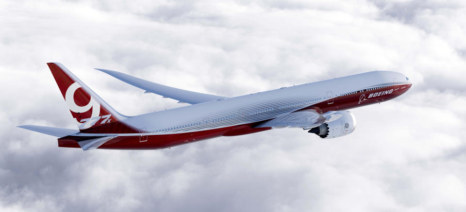 In this artist's concept provided by The Boeing Co. is the 777-9X, the largest of the aerospace company's new family of 777X jetliners. Boeing currently has more than a dozen states in competition from coast to coast offering property, billions of dollars of tax breaks, favorable labor deals and customized employee training hoping that Boeing will choose them to assemble its new 777X jetliner. (AP Photo/The Boeing Co.)