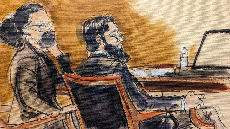 In this courtroom sketch, Sayfullo Saipov, right, is seated next to his defense attorney, Federal Defender Sylvie Levine in federal court in New York, on Wednesday. Jan. 25, 2023. (AP Photo/Elizabeth Williams)