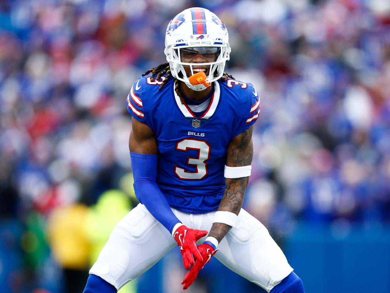 Damar Hamlin #3 of the Buffalo Bills reacts to a play against the Minnesota Vikings at Highmark Stadium on November 13, 2022 in Orchard Park, New Yor