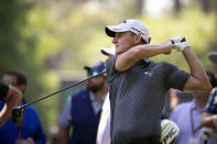 Emiliano Grillo, of Argentina, watches his drive off the 11th tee during the third round of the RBC Heritage golf tournament in Hilton Head Island, S.C., Saturday, April 17, 2021. (AP Photo/Stephen B. Morton)