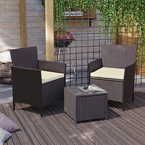 Garden Vida Bali 2 Seater 1 Square Table Rattan Set With Cushions Outdoor Garden Patio Furniture 3pcs (brown)