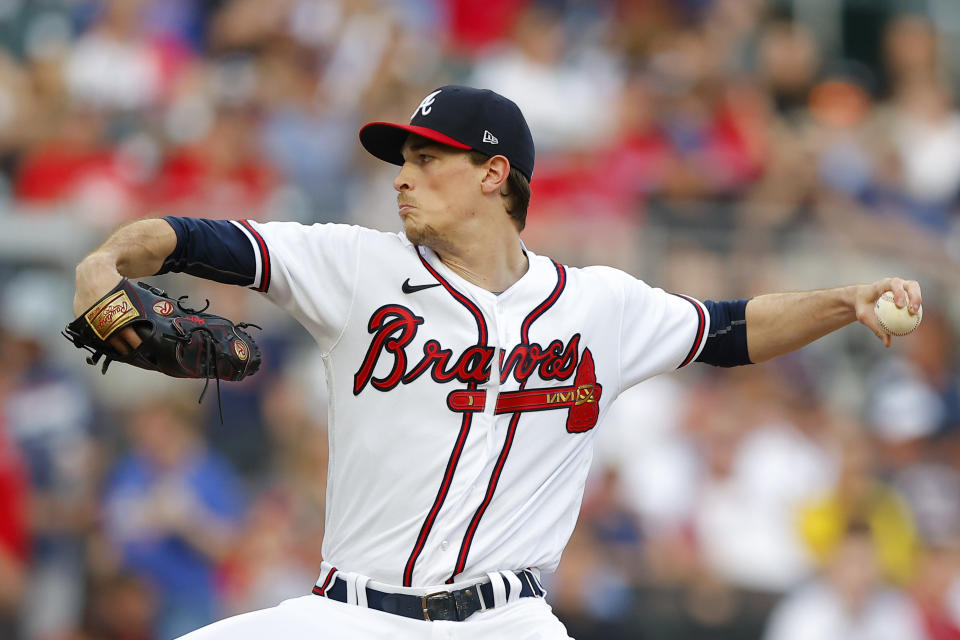 Atlanta Braves starting pitcher Max Fried delivers in the first inning of a baseball game against the Philadelphia Phillies, Tuesday, May 24, 2022, in Atlanta. (AP Photo/Todd Kirkland)