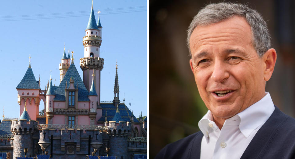 Photo of the famous Disneyland castle and Disney CEO Bob Iger. 