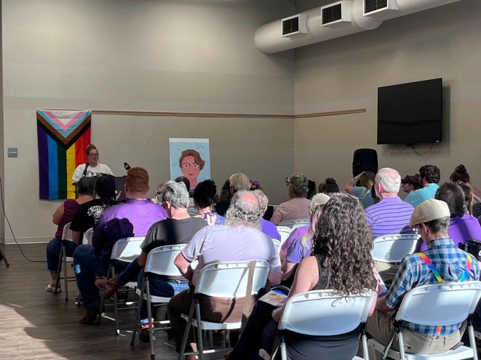 About 70 people gathered for a vigil for Jacob Williamson in his hometown of Laurens, S.C., on July 24, 2023. Here, Promise Edwards, speaks to the crowd.