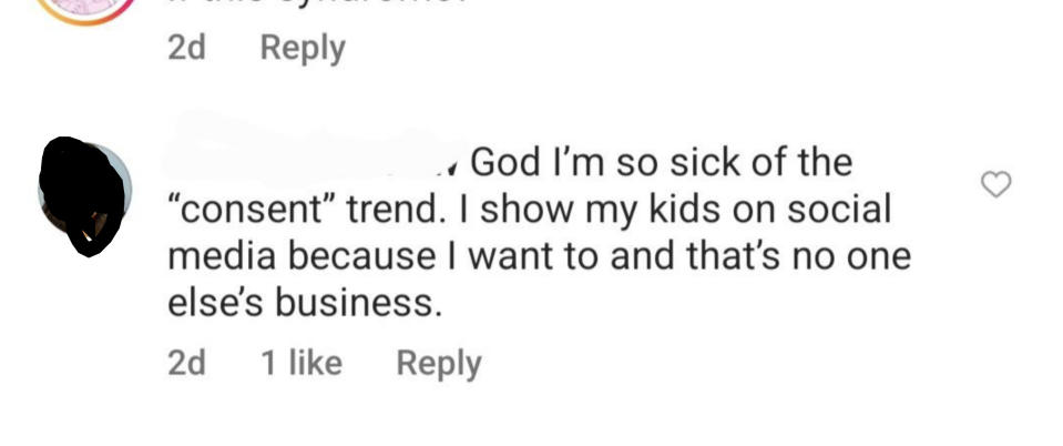 A parent says "I'm so sick of the consent trend, I show my kids on social media because I want to and that's no one else's business"