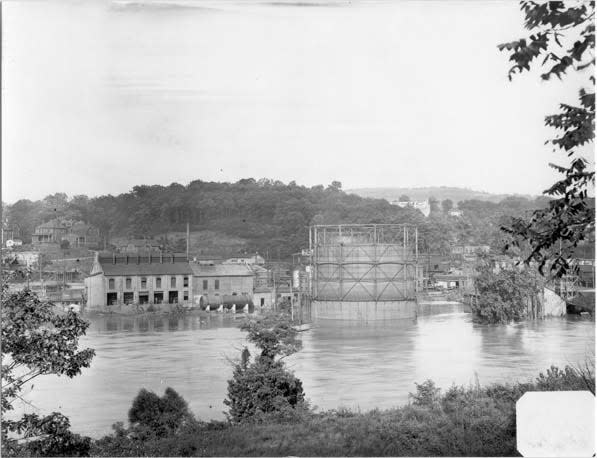 View across the flooded French Broad River at the Avery Street gas plant (probably the August 1928 flood).