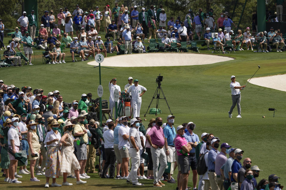 Xander Schauffele watches his tee shot on the third hole during the final round of the Masters golf tournament on Sunday, April 11, 2021, in Augusta, Ga. (AP Photo/David J. Phillip)