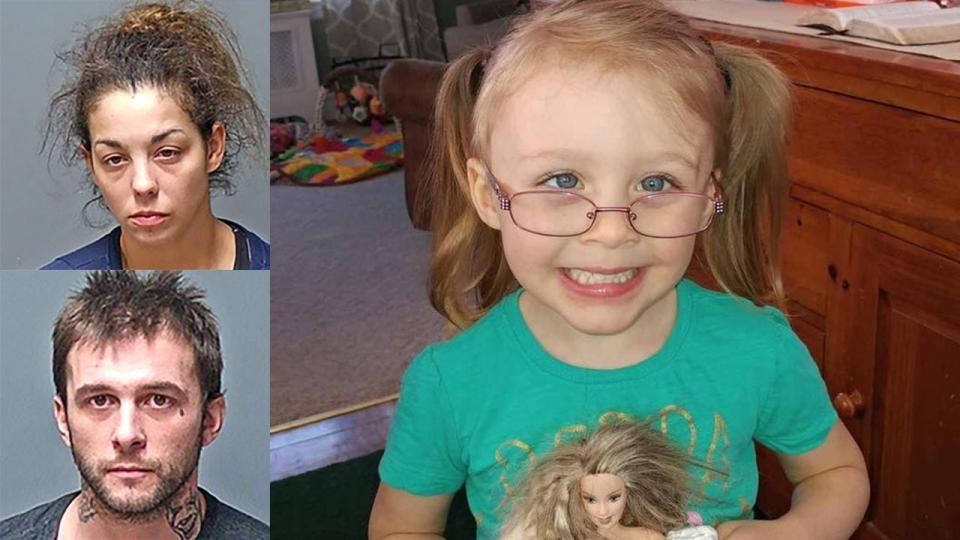 Authorities arrested Kayla Montgomery, 31, on Wednesday, Jan. 5, 2022, one day after the arrest of her husband, Adam Montgomery, 31. The arrests were made in connection with the 2019 disappearance of 5-year-old Harmony Montgomery (right), who was last seen in 2019.