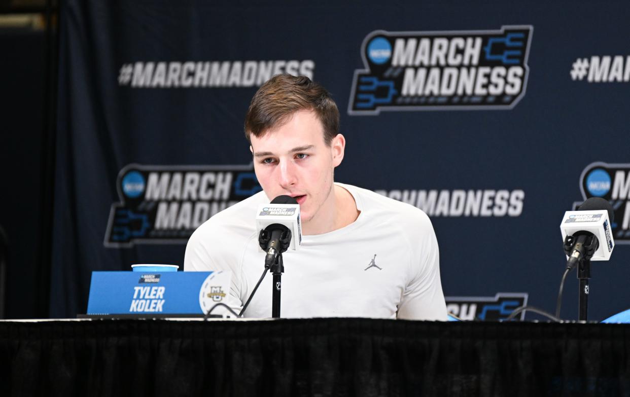 Marquette's Tyler Kolek answers question from the media on Thursday in Indianapolis.