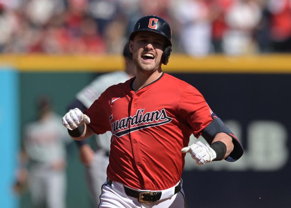 Guardians outfielder Lane Thomas reacts after hitting a three-run home run against the Detroit Tigers in the first inning in Game 1 of the ALDS, Oct. 5, 2024, in Cleveland.