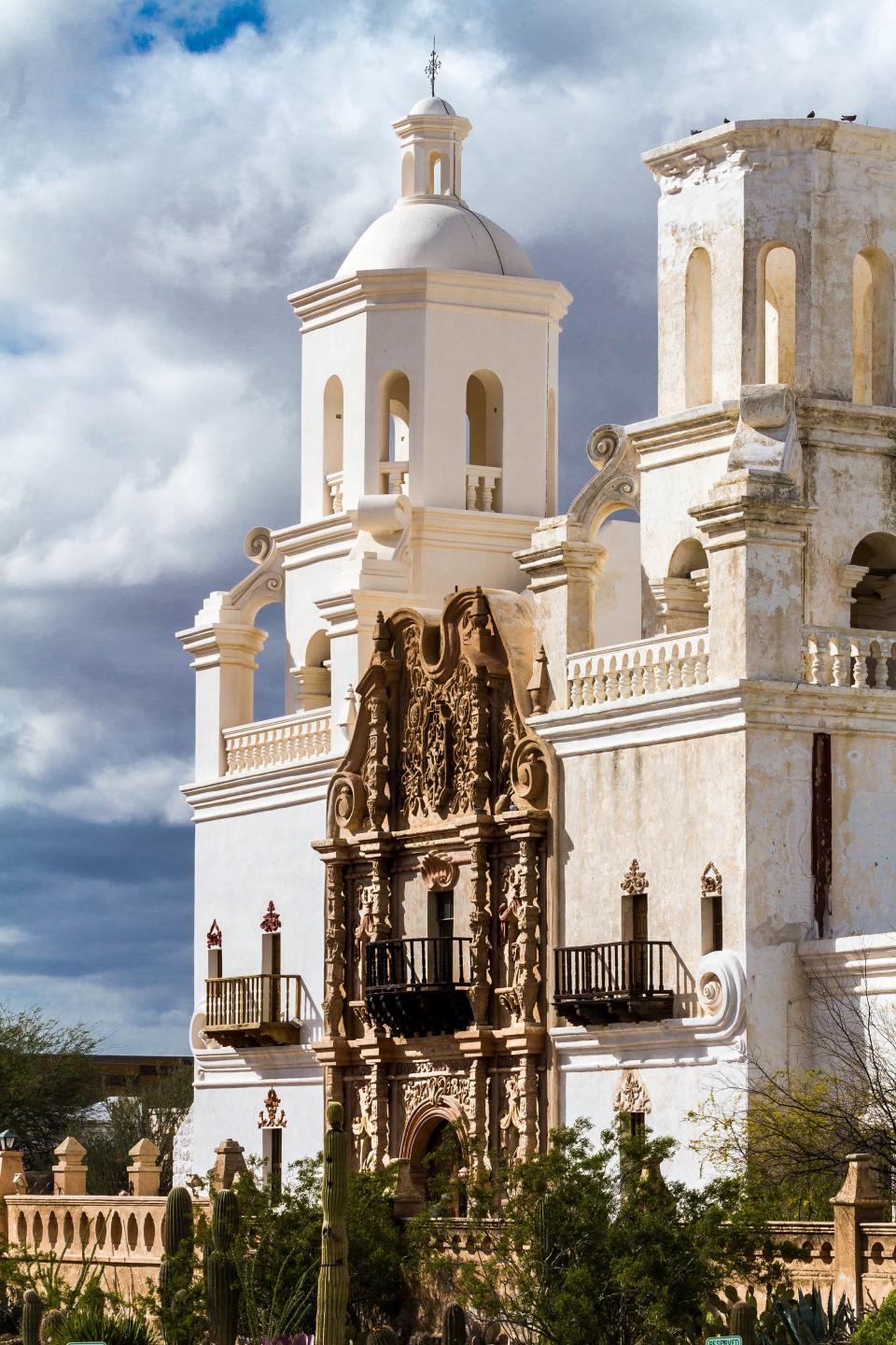 The Mission San Xavier del Bac south of downtown Tucson is noted for its elegant Spanish colonial architecture.