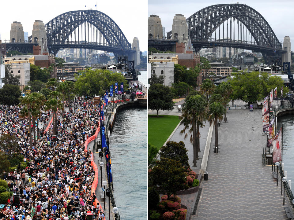 A composite image compares the New Year's Eve crowd size in 2019 and 2020 at Sydney's Circular Quay.