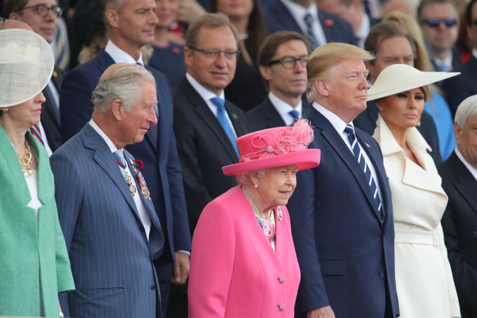 (left to right) Prime Minister Theresa May, the Prince of Wales, Queen Elizabeth II, US President Donald Trump and Melania Trump during the commemorations for the 75th Anniversary of the D-Day landings at Southsea Common in Portsmouth.