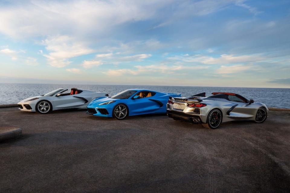 2021 Chevrolet Corvette Stingray Coupe and Convertible (far right in new Silver Flare Metallic)