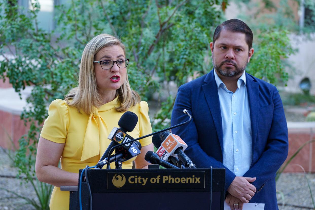 Phoenix Mayor Kate Gallego and U.S. Rep. Ruben Gallego of Arizona's 7th District host a news conference outside Phoenix City Hall to discuss their push to add extreme heat to the Federal Emergency Management Agency's list of declared disasters on June 9, 2023, in Phoenix.