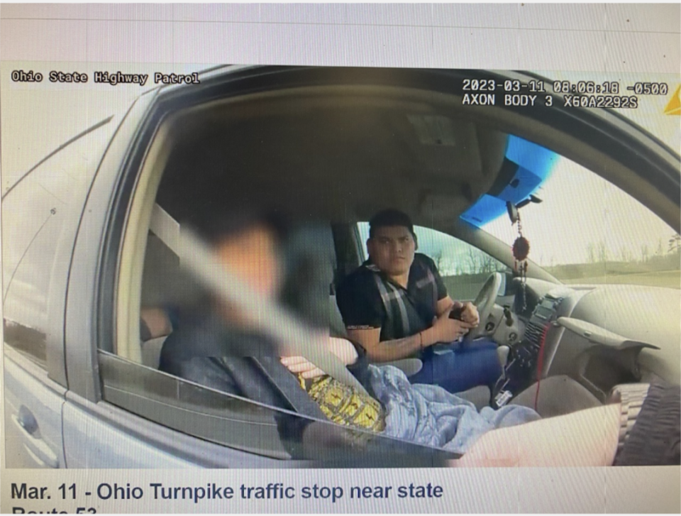 A trooper from the Ohio Highway Patrol Saturday stopped this vehicle on the Ohio Turnpike and arrested a Mexican citizen in conjunction with an alien smuggling case. Eleven noncitizens were found in the van.