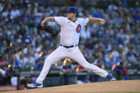 Chicago Cubs starter Justin Steele throws to a Cincinnati Reds batter during the first inning of a baseball game Wednesday, June 29, 2022, in Chicago. (AP Photo/Paul Beaty)