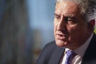 Pakistan's Foreign Minister Shah Mehmood Qureshi speaks during an interview with The Associated Press, Wednesday, Sept. 22, 2021, in New York. (AP Photo/Mary Altaffer)