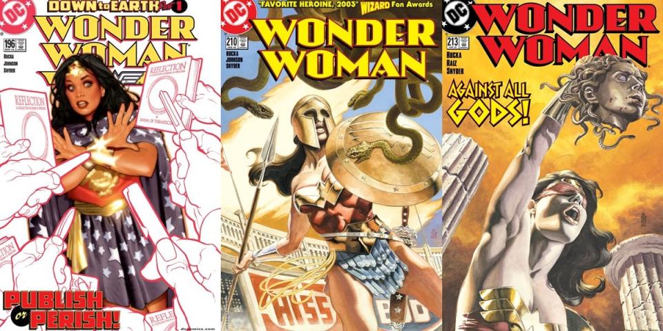 Covers for Greg Rucka's mid-2000s Wonder Woman run.