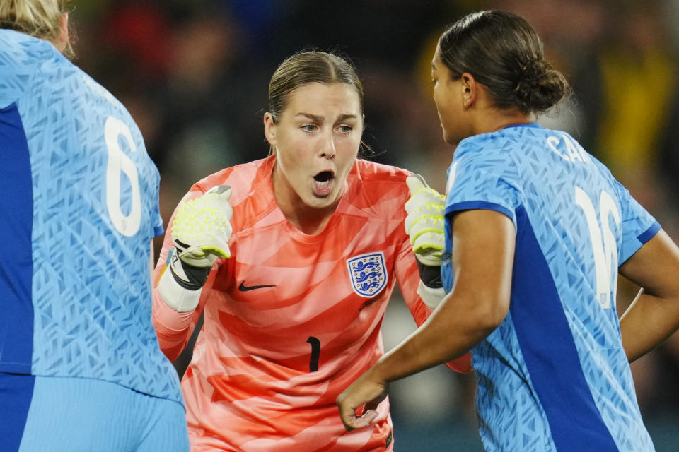 England's goalkeeper Mary Earps, centre, reacts during the Women's World Cup semifinal soccer match between Australia and England at Stadium Australia in Sydney, Australia, Wednesday, Aug. 16, 2023. (AP Photo/Abbie Parr)