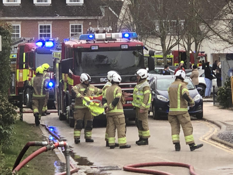 Picture taken with permission from the twitter feed of @DMrsdn showing the fire on Saturday at Emberbrook Community Centre, in Raphael Drive, Thames Ditton, which was being used as a vaccination centre but had to be evacuated after a fire broke out in the building. Issue date: Sunday February 14, 2021.