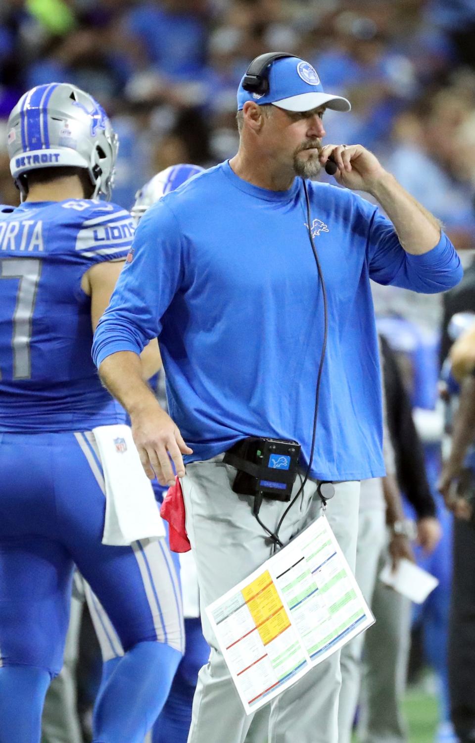 Detroit Lions head coach Dan Campbell on the sidelines during action against the Carolina Panthers at Ford Field in Detroit on Sunday, Oct, 8, 2023.