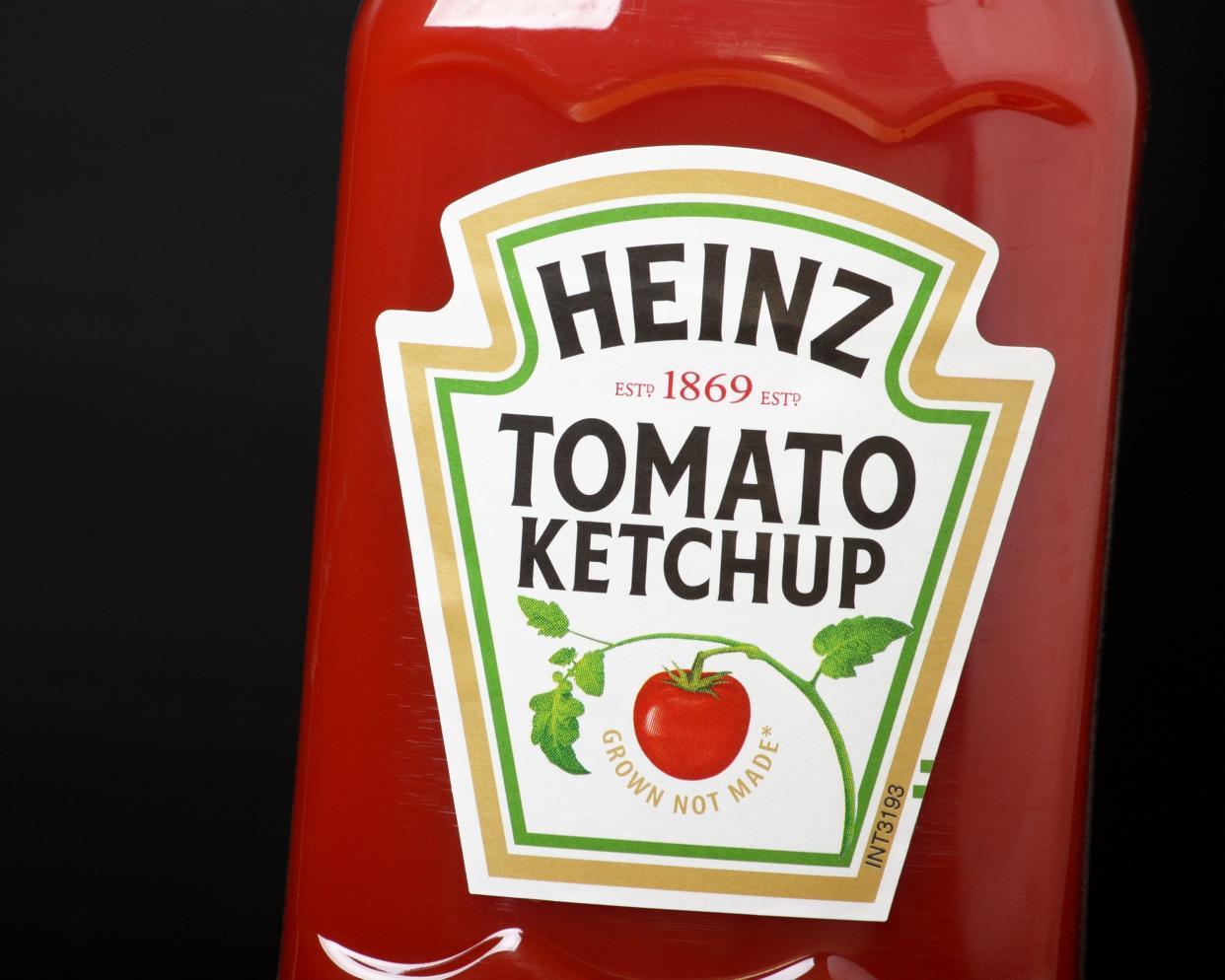 close up on a single bottle of Heinz Tomato Ketchup