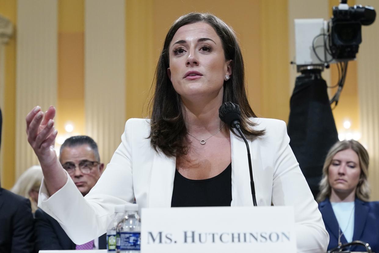 Cassidy Hutchinson, former aide to Trump White House chief of staff Mark Meadows, testifies before the House select committee Tuesday.