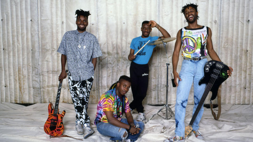 Portrait of the members of American rock group Living Colour, New York, New York, 1980s. Pictured are, from left, guitarist Vernon Reid, singer Corey Glover, drummer Will Calhoun, and bassist Muzz Skillings.