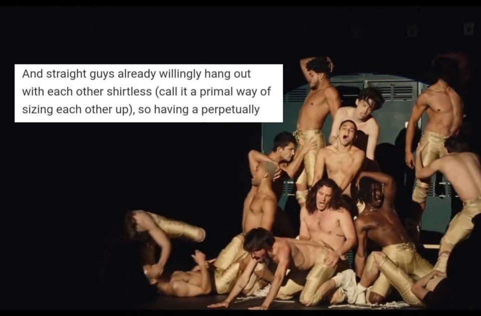 men posing as football players dance erotically on stage in "euphoria"