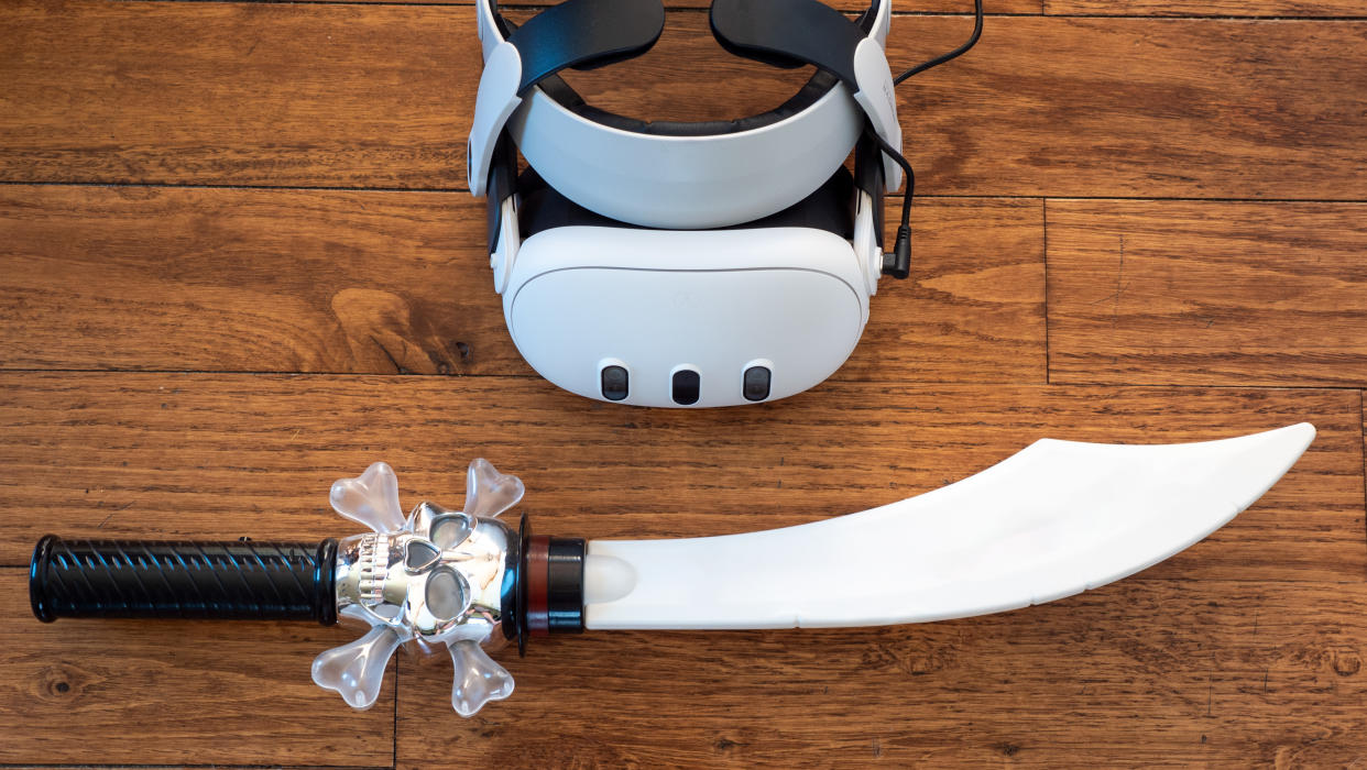  A Meta Quest 3 headset with a pirate sword. 