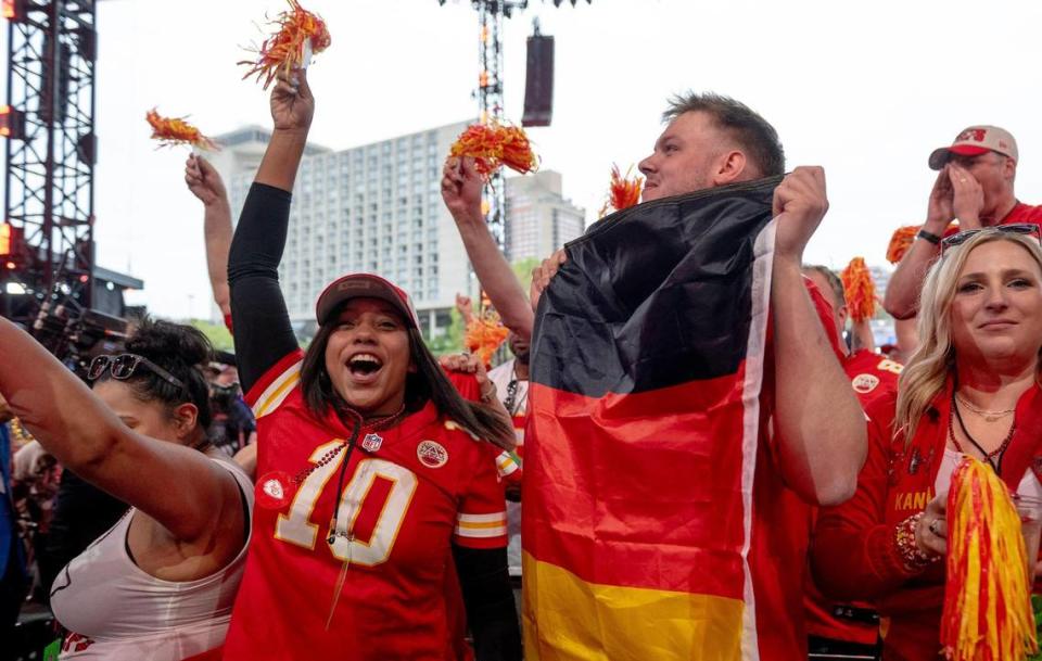 Kansas City Chiefs fans cheer during the NFL Draft outside of Union Station on Thursday, April 27, 2023, in Kansas City.