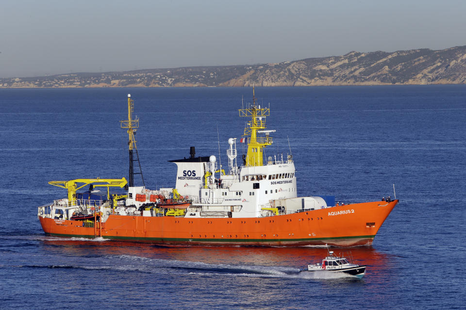 The Aquarius arrives at Marseille port, southern France, Thursday, Oct.4, 2018. Humanitarian group SOS Mediterranee said Thursday the Aquarius is making a stopover while waiting for a new flag and is "determined to go back to sea as soon as possible." The group urged European government to find a new flag for the vessel to secure its future after Panama's maritime authority removed the registration of the boat. (AP Photo/Claude Paris)