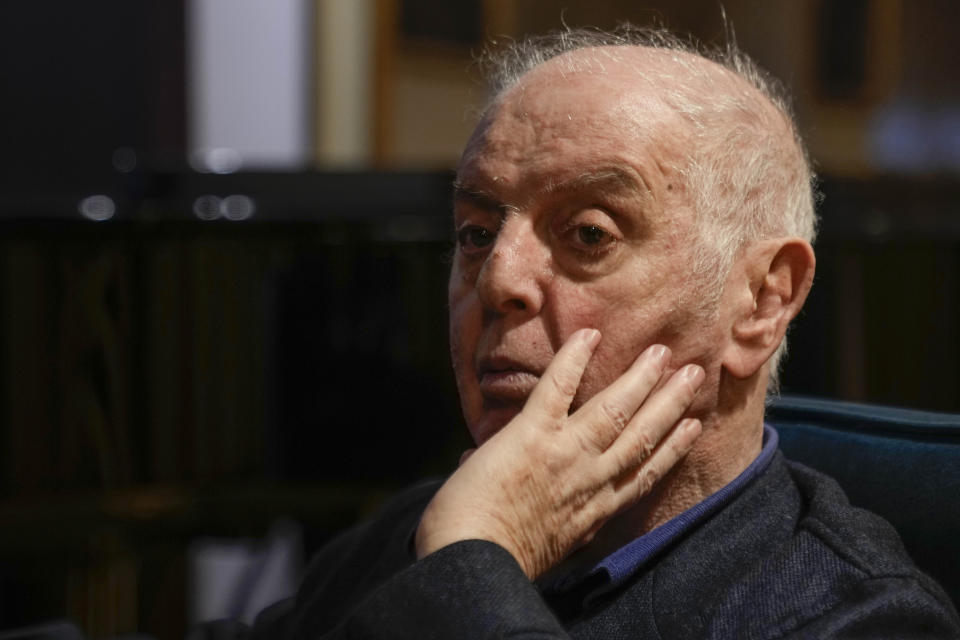 Argentine-born pianist and conductor Daniel Barenboim talks with The Associated Press during an interview, at La Scala theatre in Milan, Italy, Tuesday, Feb. 14, 2023. (AP Photo/Luca Bruno)