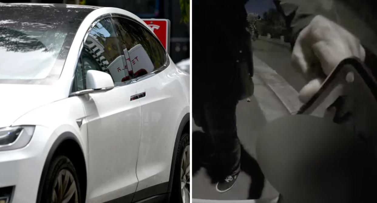 White Tesla car (left) and the man can be seen bending the Tesla's number place (right). 